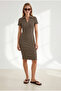 Women's Brown Zippered Polo Collar Ribbed Mini Dress Elb-19002660 - 4