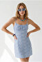 Women's Blue Floral Strap Roba Detailed Soft Textured Mini Dress Elb-19002659 - 4