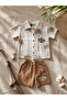 100% Cotton Boys' Palm Tree Patterned Muslin Fabric Polo Collar Shirt & Muslin Fabric Coffee Shorts Set - 2