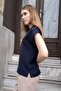 Women's Crepe Fabric Off-Shoulder Collared V-Neck Short Sleeve Shirt-Navy Blue - 5