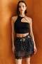 2118 Polka Dot Belted Chiffon Lace Lined Mini Skirt Black