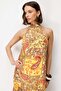 4932 Women's Floral Shawl Patterned Halter Neck Flounce Midi Dress Yellow - 5
