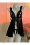 Sexy Black Sheer Mesh Babydoll Lingerie Set, Seductive Ruffle Trim Open-Front Chemise with Thong, XL Size for Bedroom & Romantic Nights - 5