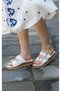 1780 Eren Shoes&Bag Genuine Leather White Two-Stripe Gold Buckle Detailed Buckle Women's Slippers - 6
