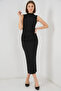 Women's High Collar Gathered Zero Sleeve Black Dress - 2