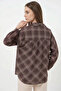 Women's Oversize Checkered Patterned Viscose Brown Shirt - 5