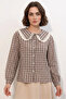 Women's Lace Collar Checkered Patterned Brown Shirt - 2