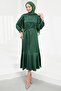 Emerald Green Stone Detailed Skirt with Flounces Satin Evening Dress