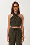 Halter Neck Linen Top and Bottom Set Lby0059 Khaki - 3