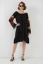 Women's Wide Round Neck Tassel Sleeve Embroidered Floral Pattern Viscose Black Dress - 2