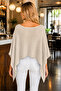 Women's Asymmetrical Cut Transparent Soft Textured Cotton Light Beige Knitwear Cape Poncho - 3