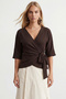 Women's Bitter Brown Double-Breasted Tie-Up Three-Quarter Cuff Sleeves Ottoban Blouse Alc-X15293 - 4