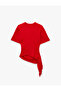 Cotton Crew Neck Short Sleeve Asymmetrical T-Shirt with Drawstring Detail at the Waist - 5