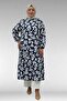 68046 Plus Size High Neck Buttoned Mango Tunic - Leaf Patterned Navy Blue