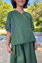 Cotton Poplin Embroidered Green Wrap Blouse and Flared Elasticated Midi Length Trousers - 4