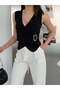 Women's Black Double Breasted Collared Sleeveless Buckle Blouse Elt301
