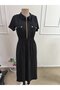 Women's short sleeve collared zippered ornament pocket detailed long viscose two thread dress - 4
