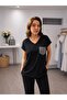 Stone Pocket V-Neck Black Basic Blouse - 3