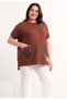 Women's Plus Size Shoulder Pocket Laser Cut Faux Leather Detail Stone Embellishment Side Slit Short Sleeve Stretchy Viscose Blouse - 8