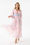 Pink Color Blue Flower Patterned Belted Satin Dress with Inner Lining - 7