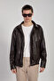 Men's Bomber Leather Jacket with Zipper Sleeves - Bitter Brown - 3