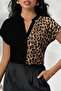New Season Women's Short Sleeve V-Neck Leopard Patterned Sandy Blouse - 4