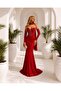 Red Sparkling Beaded Detailed Low-Cut Long Evening Dress 583414 - 5
