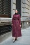 Women's Belt Detail, Elastic Waist, Buttoned Shirt Collar Dress, Burgundy - 4
