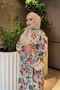 Cream/Tile Half Buttoned Sleeves Elasticized Patterned Viscose Dress - 3