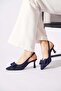 Lapes Bowknot Open Back Women's Heeled Shoes Navy Blue Satin