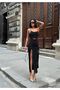 Women's Black Adjustable Strap Eyelet Detailed Slit Midi Dress Yel0950