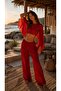 Red Lux Chiffon Fabric Blouse and Pants Beach Wear 2 Piece Set L/Xl