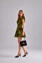 Women's Elastic Waist Double Breasted Collar Patterned Mini Dress Khaki - 3