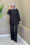 Oversize Cupra Pike Fabric Hijab Double Set Pocketed Tunic Wide Leg Pants Black 1215 - 2