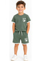 Boy's Green Color Shorts Set with Ticket Moon Written and Rocket Pattern on the Sleeves and Shorts