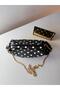 Women's Black-White Polka Dot Scholarship Pouch Bag with Gold Chain Detail - 5