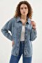Women's Shirt Collar Double Pockets Oversize Cotton Ice Blue Jacket
