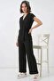 Women's V-Neck Belted Black Double Suit - 3