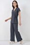 Women's V-Neck Belted Anthracite Double Suit - 4