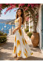 Yellow Patterned Pleated Long Dress – with Thin Belt Detail - 2
