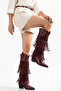 Burgundy Matte Leather Tasseled Buckle Western Cowboy Boots - 5
