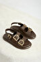 Women's Brown Rubber Sole Double-Striped Buckle Detailed Sandals - 3