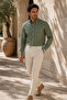 Men's Green Striped Linen Shirt Regular Fit - 2