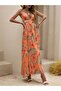 Women's Halter Neck V-Neck Slit Long Patterned Single Jersey Dress with Rope Straps - 3