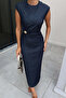 Women's Zero Sleeves Waist Buckle Denim Long Dress Navy Blue - 3