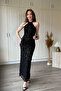 Neck Tie Jacquard Tulle Midi Black Dress - 7