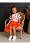 Baby Children's Floral Patterned T-Shirt and Layered Ruffled Neon Orange Skirt Two-Piece Combination Set - 2
