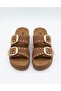Women's Gold Studded Stone Double Buckle Cork Sole Slippers - 5
