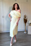 Asymmetrical Midi Yellow Dress with Draped Shoulders and Waistline - 2