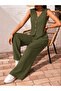 Women's V-Neck Button Detailed Sleeveless Vest and Wide Leg Pants Aerobin Two-Piece Set - 3